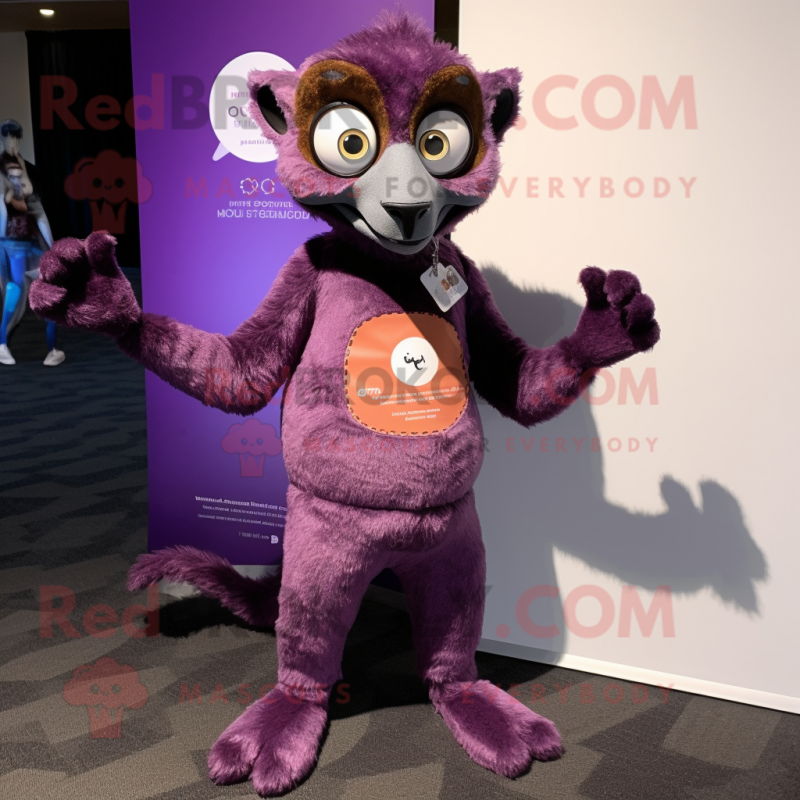 Purple Lemur mascot costume character dressed with a Henley Tee and Earrings