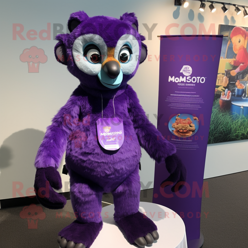 Purple Lemur mascot costume character dressed with a Henley Tee and Earrings