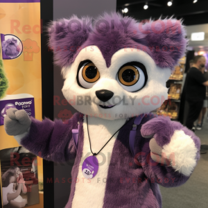 Purple Lemur mascot costume character dressed with a Henley Tee and Earrings
