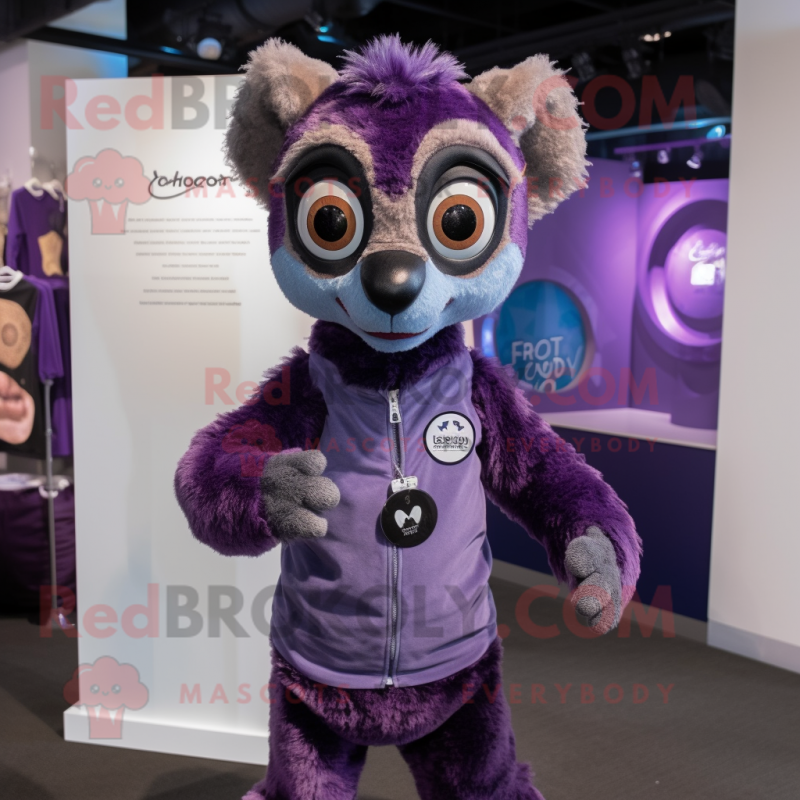 Purple Lemur mascot costume character dressed with a Henley Tee and Earrings Purple Lemur mascot costume character dressed with a Henley Tee and Earrings