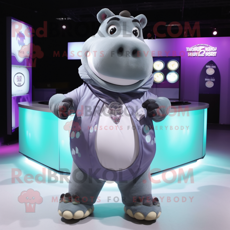 Gray Hippopotamus mascot costume character dressed with a Wrap Skirt and Digital watches