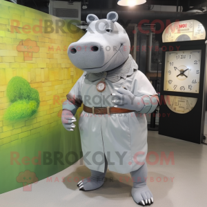 Gray Hippopotamus mascot costume character dressed with a Wrap Skirt and Digital watches