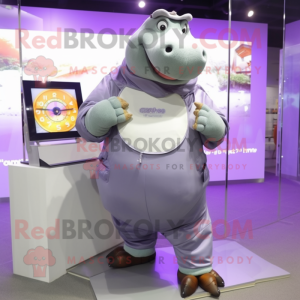 Gray Hippopotamus mascot costume character dressed with a Wrap Skirt and Digital watches