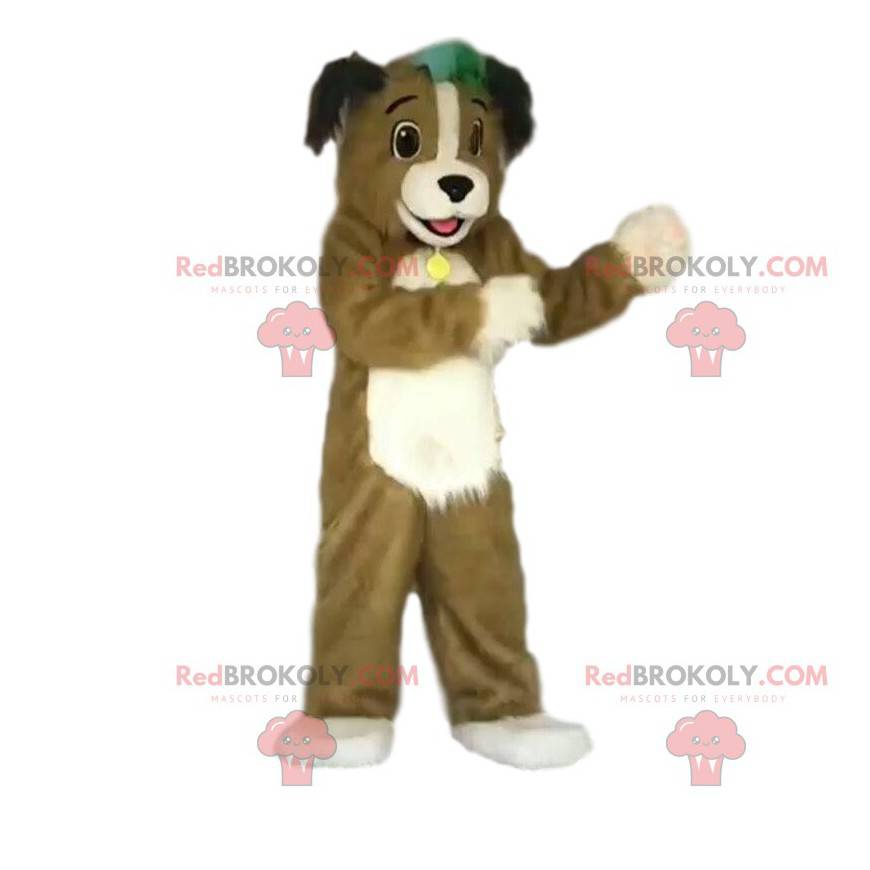 Braunes und weißes Hundemaskottchen mit einem Halsband -