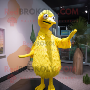 Lemon Yellow Ostrich mascot costume character dressed with a Raincoat and Cummerbunds