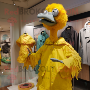 Lemon Yellow Ostrich mascot costume character dressed with a Raincoat and Cummerbunds