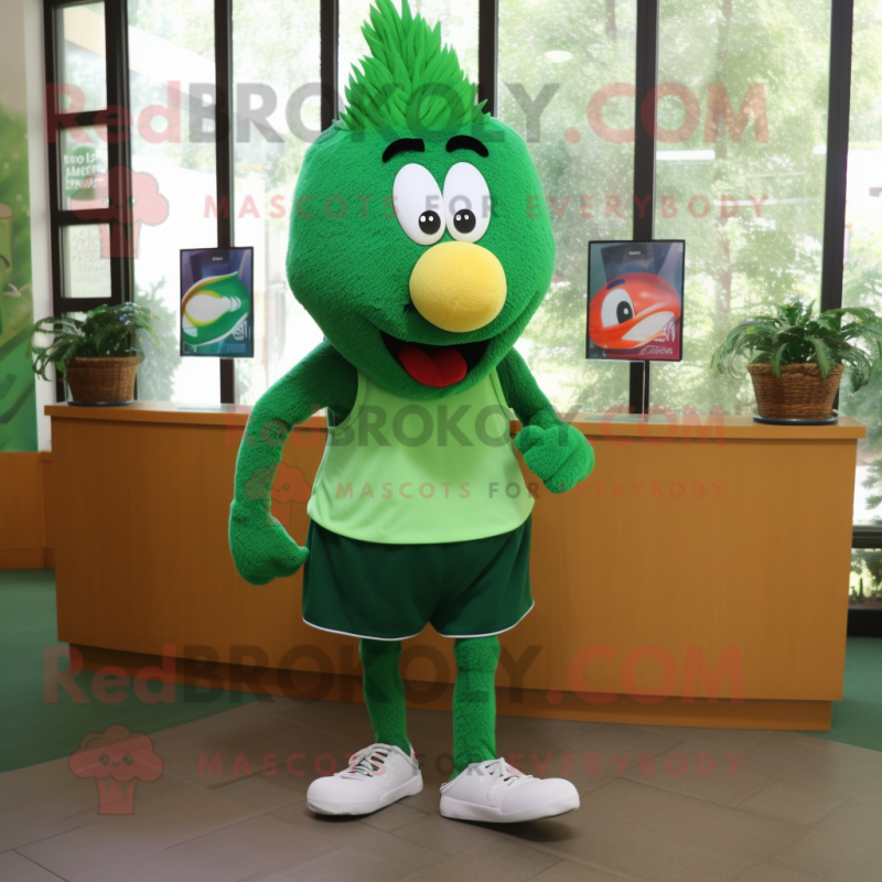 Forest Green Squash mascot costume character dressed with a Running Shorts and Shoe laces