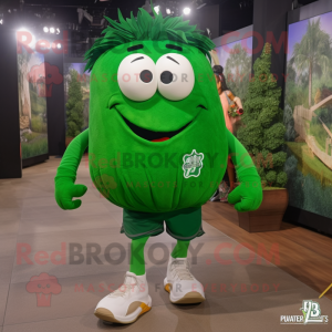 Forest Green Squash mascot costume character dressed with a Running Shorts and Shoe laces