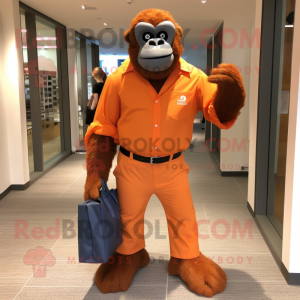 Orange Gorilla mascot costume character dressed with a Oxford Shirt and Tote bags