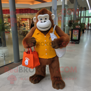 Orange Gorilla mascot costume character dressed with a Oxford Shirt and Tote bags