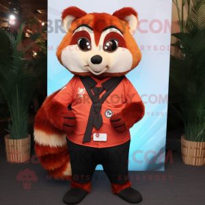 Rust Red Panda mascot costume character dressed with a A-Line Dress and Tie pins