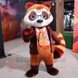 Rust Red Panda mascot costume character dressed with a A-Line Dress and Tie pins