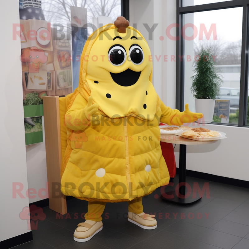 Yellow Lasagna mascot costume character dressed with a Parka and Earrings Yellow Lasagna mascot costume character dressed with a Parka and Earrings