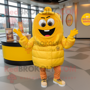 Yellow Lasagna mascot costume character dressed with a Parka and Earrings