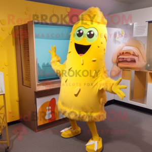 Yellow Lasagna mascot costume character dressed with a Parka and Earrings