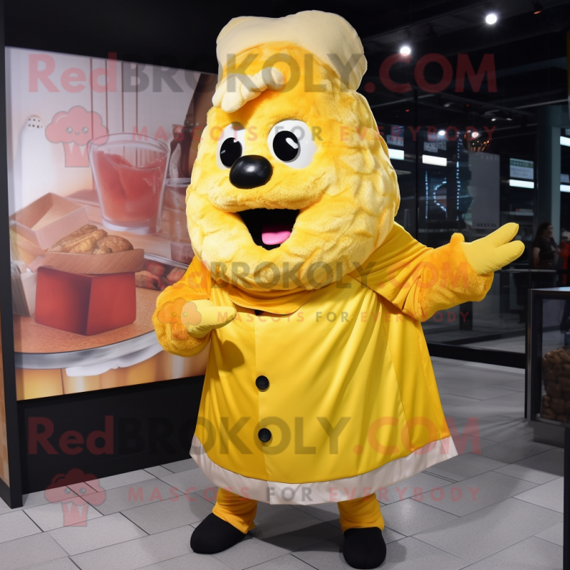 Yellow Lasagna mascot costume character dressed with a Parka and Earrings Yellow Lasagna mascot costume character dressed with a Parka and Earrings