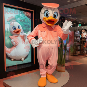 Peach Swans mascot costume character dressed with a Bootcut Jeans and Mittens