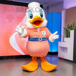 Peach Swans mascot costume character dressed with a Bootcut Jeans and Mittens