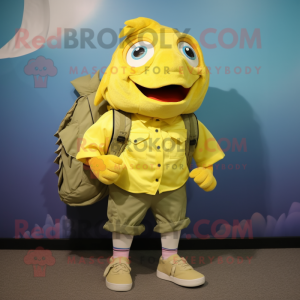 Yellow Piranha mascot costume character dressed with a Poplin Shirt and Backpacks