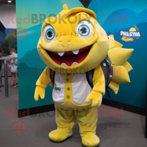 Yellow Piranha mascot costume character dressed with a Poplin Shirt and Backpacks