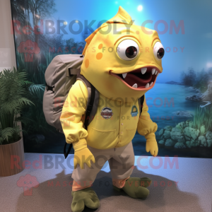 Yellow Piranha mascot costume character dressed with a Poplin Shirt and Backpacks