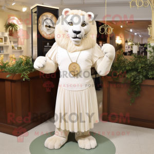 Cream Lion mascot costume character dressed with a Empire Waist Dress and Necklaces
