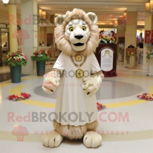 Cream Lion mascot costume character dressed with a Empire Waist Dress and Necklaces