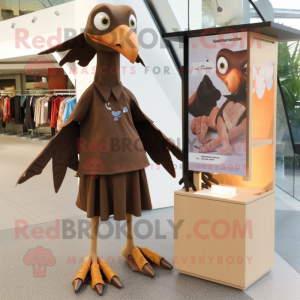 Brown Pterodactyl mascot costume character dressed with a Shift Dress and Keychains