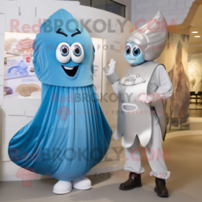 Silver Oyster mascot costume character dressed with a Boyfriend Jeans and Cummerbunds