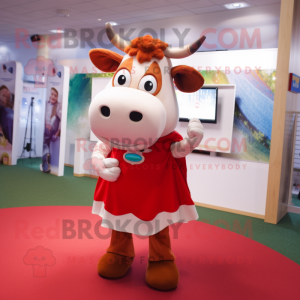 Red Hereford Cow mascot costume character dressed with a Pencil Skirt and Earrings