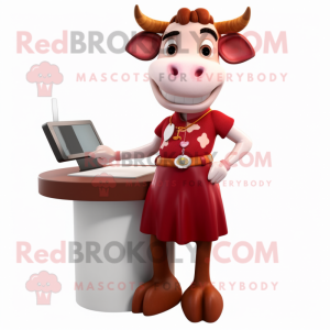 Red Hereford Cow mascot costume character dressed with a Pencil Skirt and Earrings