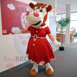 Red Hereford Cow mascot costume character dressed with a Pencil Skirt and Earrings