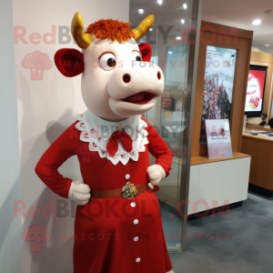 Red Hereford Cow mascot costume character dressed with a Pencil Skirt and Earrings