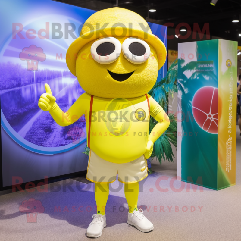 Lemon Yellow Volleyball Ball mascot costume character dressed with a Board Shorts and Berets