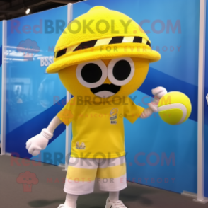 Lemon Yellow Volleyball Ball mascot costume character dressed with a Board Shorts and Berets