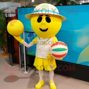 Lemon Yellow Volleyball Ball mascot costume character dressed with a Board Shorts and Berets