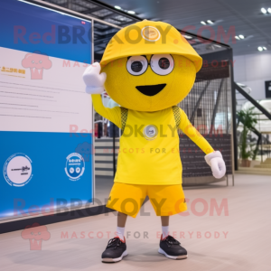 Lemon Yellow Volleyball Ball mascot costume character dressed with a Board Shorts and Berets