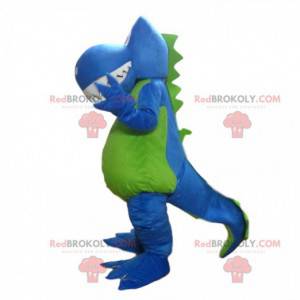Mascote de dinossauro azul e verde, fantasia de dinossauro -
