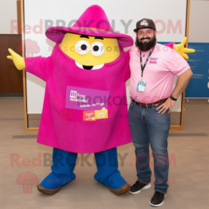 Magenta Enchiladas mascot costume character dressed with a Boyfriend Jeans and Hat pins