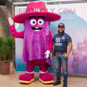 Magenta Enchiladas mascot costume character dressed with a Boyfriend Jeans and Hat pins
