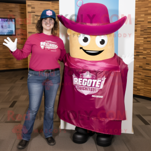 Magenta Enchiladas mascot costume character dressed with a Boyfriend Jeans and Hat pins