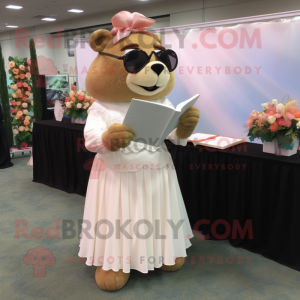 Peach Beaver mascot costume character dressed with a Wedding Dress and Reading glasses