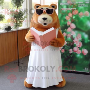 Peach Beaver mascot costume character dressed with a Wedding Dress and Reading glasses