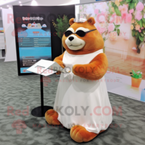 Peach Beaver mascot costume character dressed with a Wedding Dress and Reading glasses