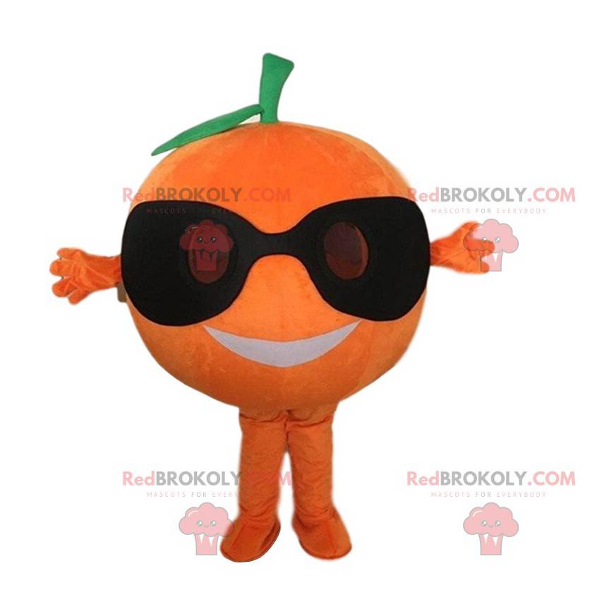 Mascote laranja com óculos de sol, fruta gigante -