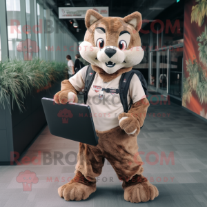 Brown Bobcat mascot costume character dressed with a Joggers and Briefcases