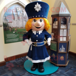 Navy Irish Castle mascot costume character dressed with a Pencil Skirt and Keychains