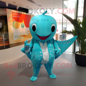 Turquoise Stingray mascot costume character dressed with a One-Piece Swimsuit and Pocket squares