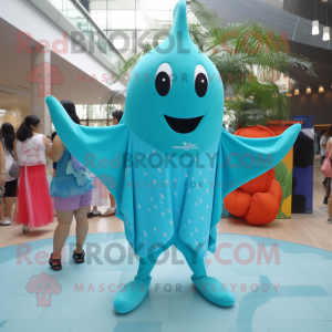 Turquoise Stingray mascot costume character dressed with a One-Piece Swimsuit and Pocket squares