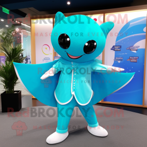 Turquoise Stingray mascot costume character dressed with a One-Piece Swimsuit and Pocket squares
